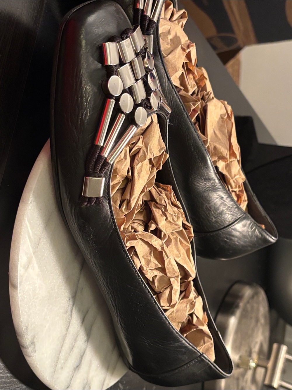 Gucci Black Leather Flats with Silver-Tone Stud Embellishments - Picture 5 of 13